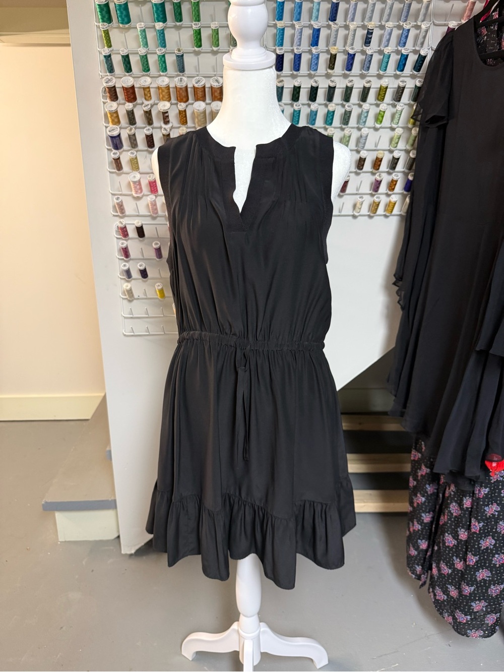 cinq a sept Black Sleeveless V-Notch Drawstring Waist Mini Dress
